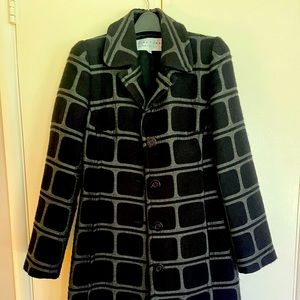 Trina Turk Vintage winter wool coat in black and silver with tie waist
